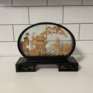 VTG Chinese DIORAMA Cork Carving Oval Wooden Glass Case